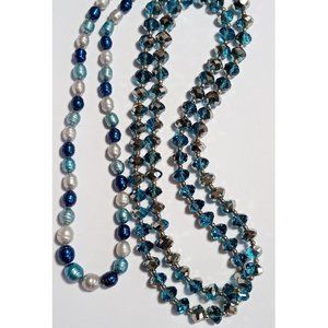 1950's Dazzling Blue Aurora Crystal Necklace + Baroque Glass Pearl Necklace